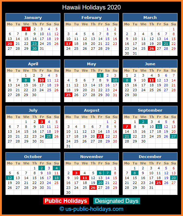 Hawaii Holiday Calendar 2020